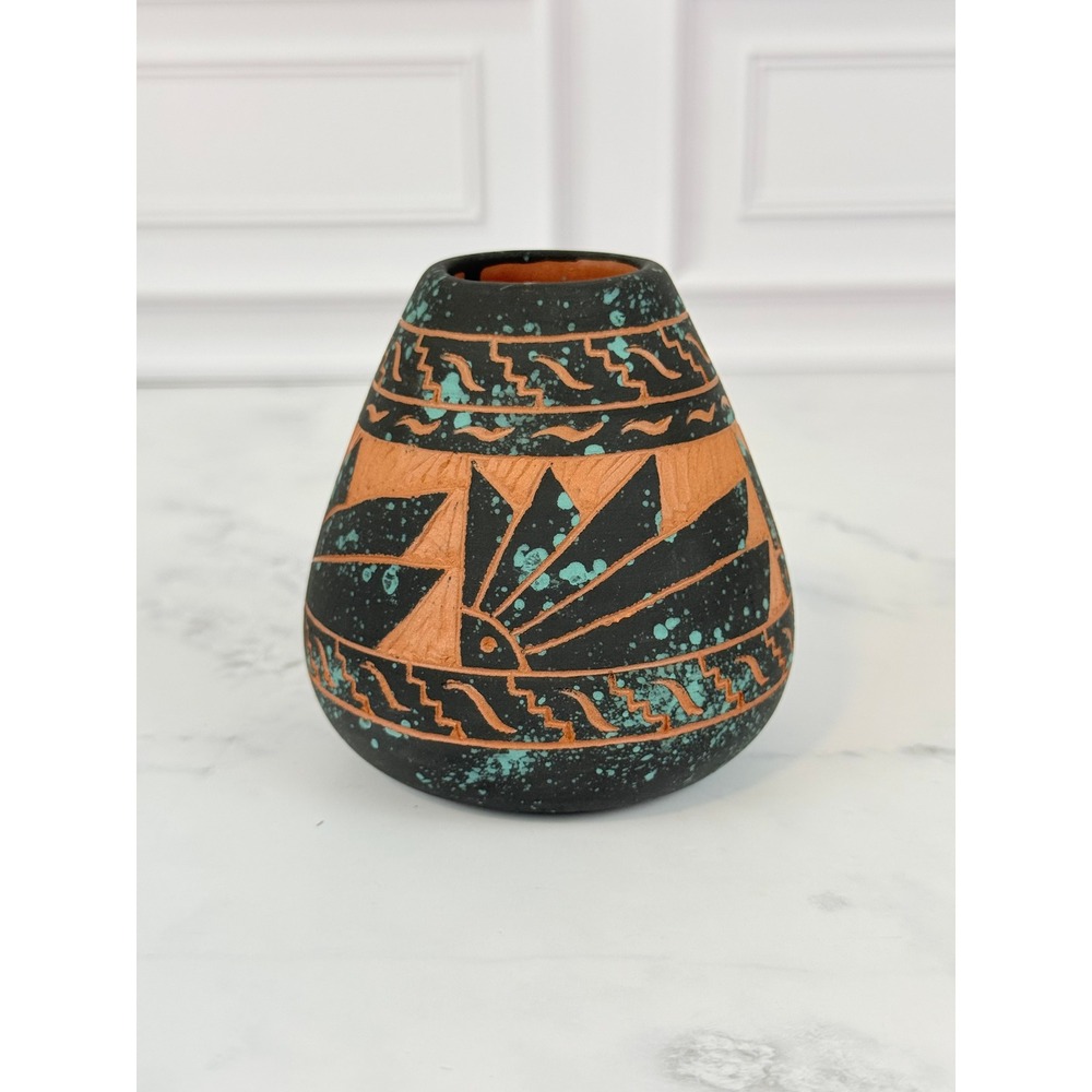 VTG Navajo Native American Black Teal Terra Cotta Red Clay Olla Pot 3.5" Signed